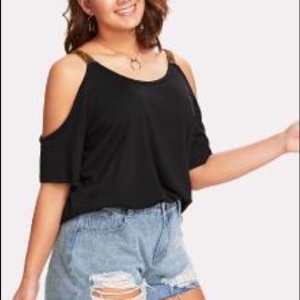 Embroidered Strap Detail Cold Shoulder Tee